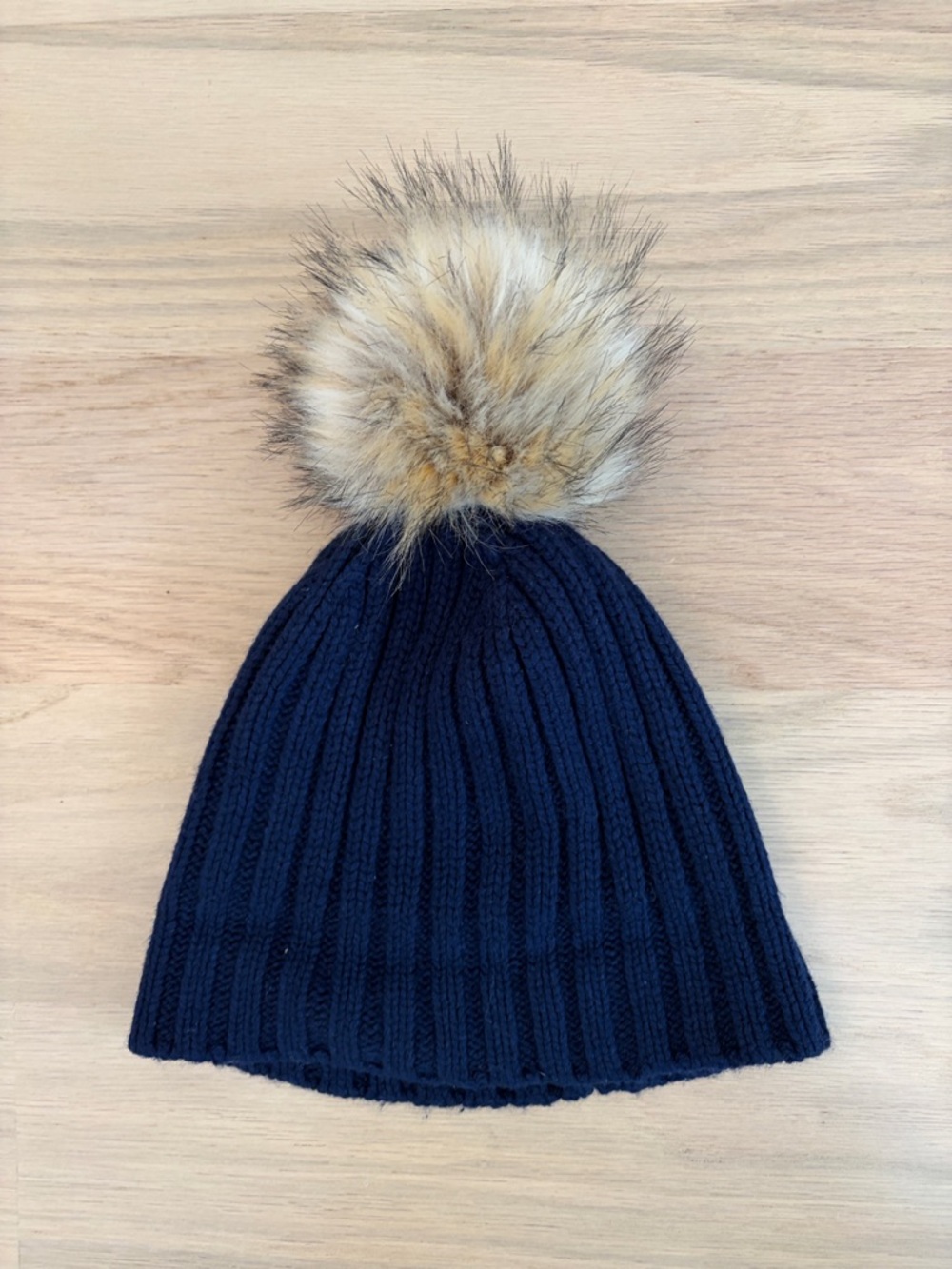 Women’s Navy Knit Pom Beanie with Faux Fur Pom, worn once